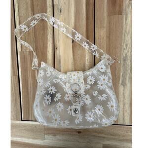Y2K Clear Daisy Shoulder Bag – 9x9,‎ White Strap, Silver Hardware, Small Purse